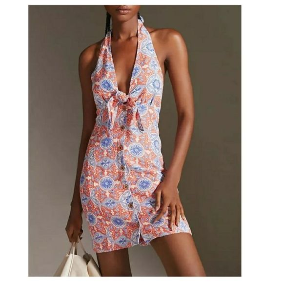 Anthropologie Dresses & Skirts - Anthropologie Maeve Petite Motif Pattern Halter Linen Mini Dress Side XSP